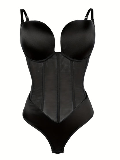SHAPMAMA™ Women's Tummy Control Thong Sheer Mesh Corset Top Backless Bodysuits