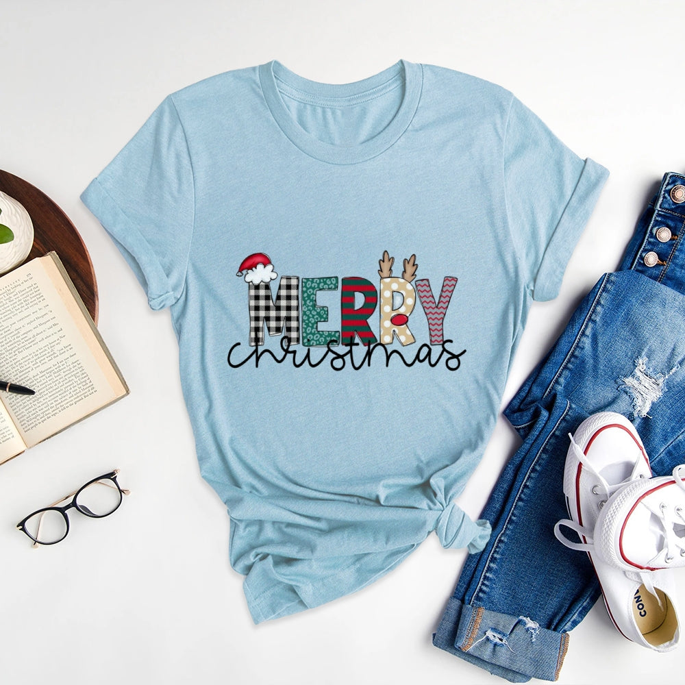 Fashionable Christmas Letter Printed Short Sleeve T-Shirt, Convey Festival Warmth - podsforgirl 