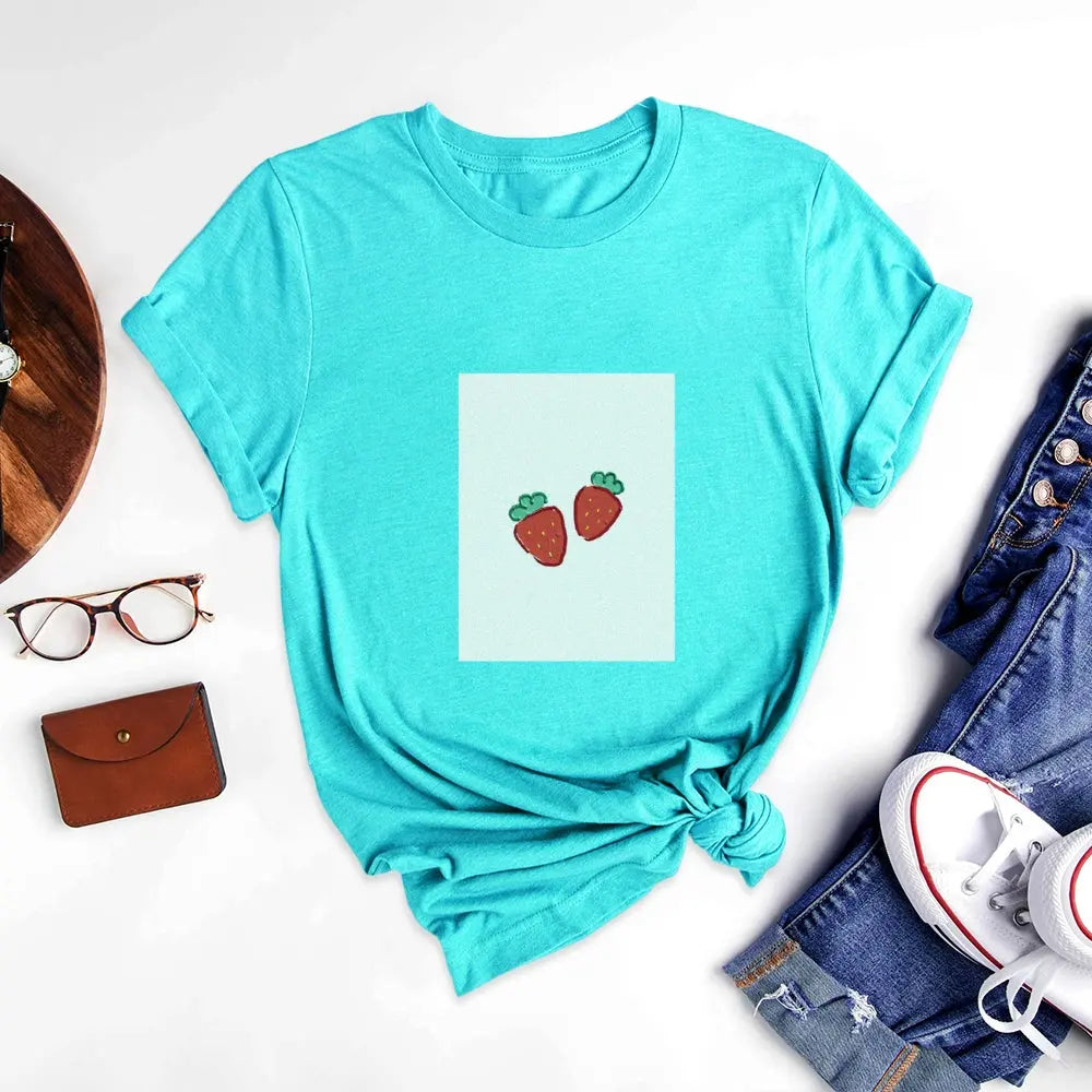 Strawberries Printed Round Neck T-Shirt - podsforgirl 