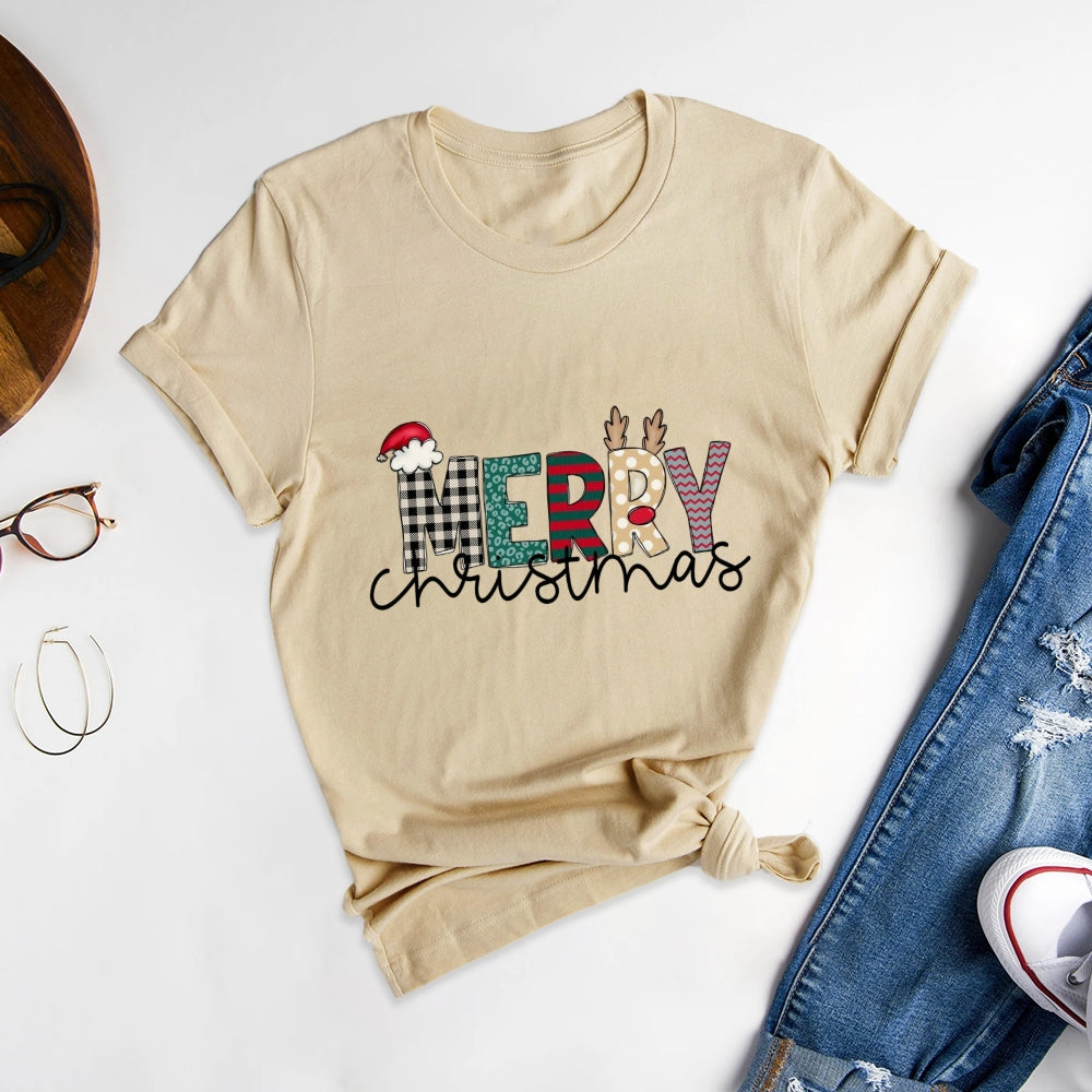 Fashionable Christmas Letter Printed Short Sleeve T-Shirt, Convey Festival Warmth - podsforgirl 