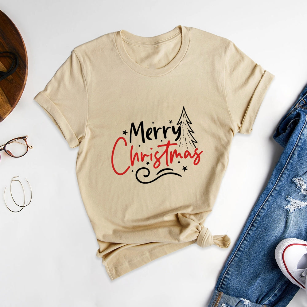 Merry Christmas Customizable Printed Round Neck T-Shirt, Show Charming Style - podsforgirl 