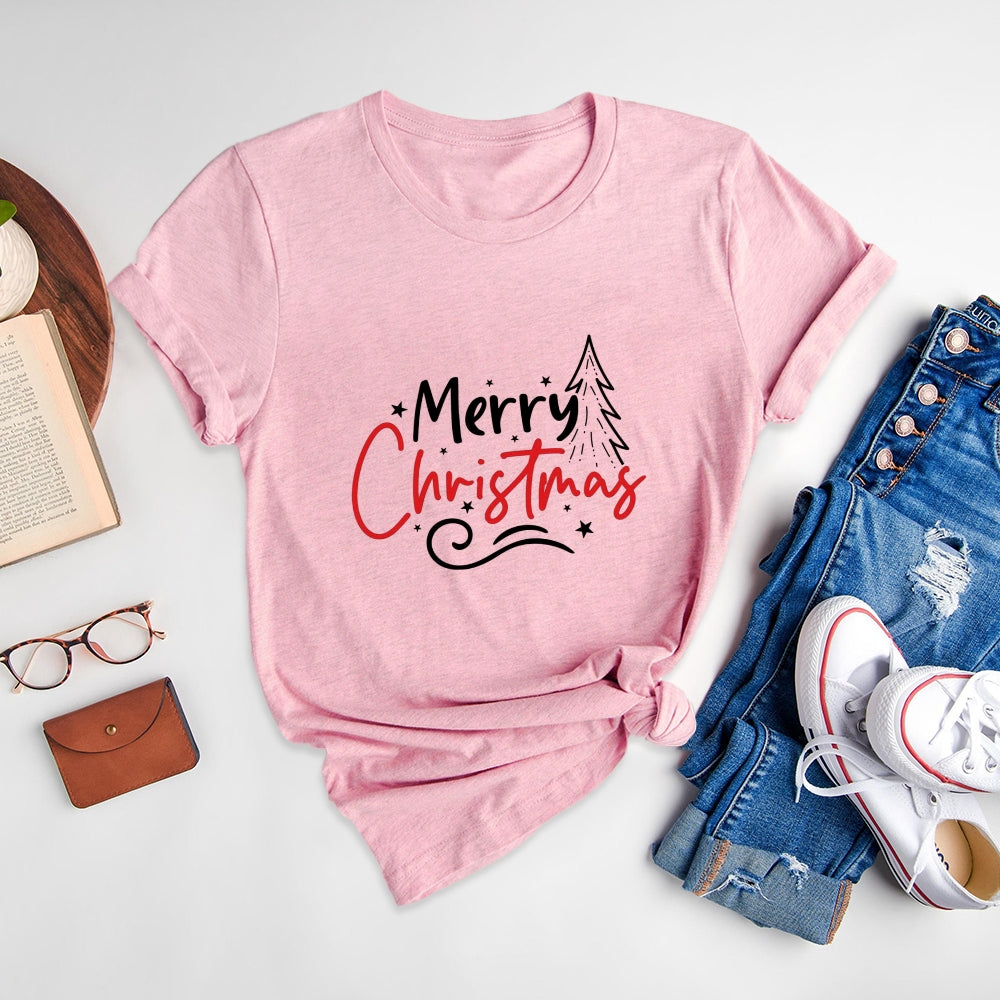 Merry Christmas Customizable Printed Round Neck T-Shirt, Show Charming Style - podsforgirl 