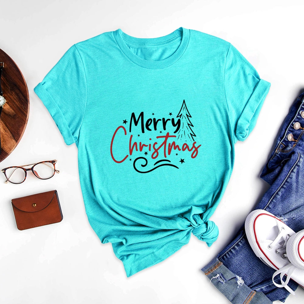 Merry Christmas Customizable Printed Round Neck T-Shirt, Show Charming Style - podsforgirl 