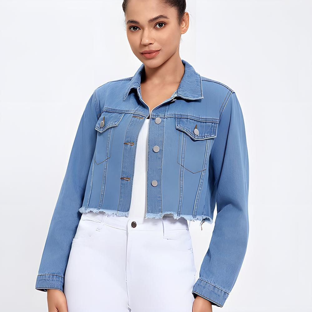 Trendy Cropped Denim Jacket with Vintage Vibes and Modern Fit