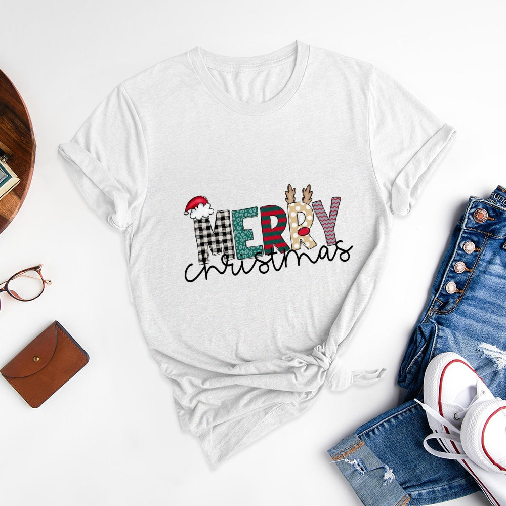 Fashionable Christmas Letter Printed Short Sleeve T-Shirt, Convey Festival Warmth - podsforgirl 