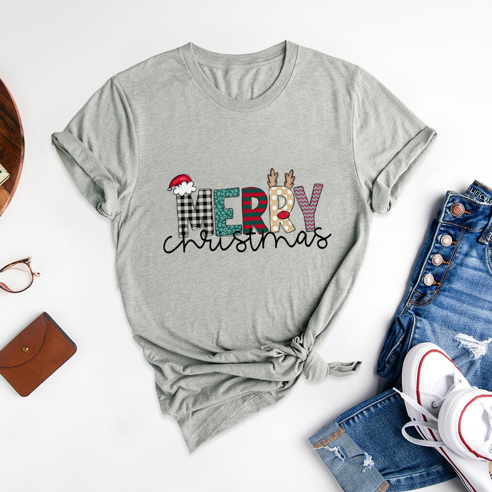 Fashionable Christmas Letter Printed Short Sleeve T-Shirt, Convey Festival Warmth - podsforgirl 