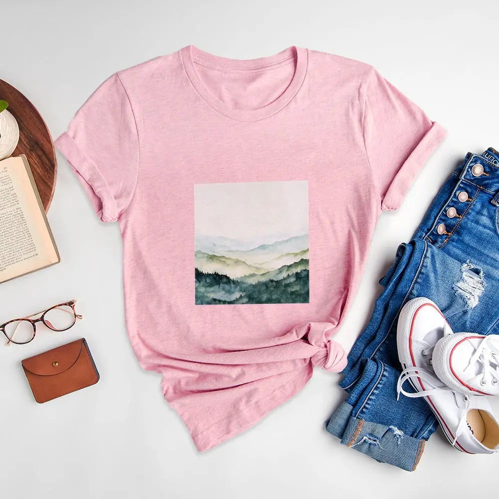 Scenery Printed Round Neck T-Shirts, Appreciate the Beauty of Nature - podsforgirl 