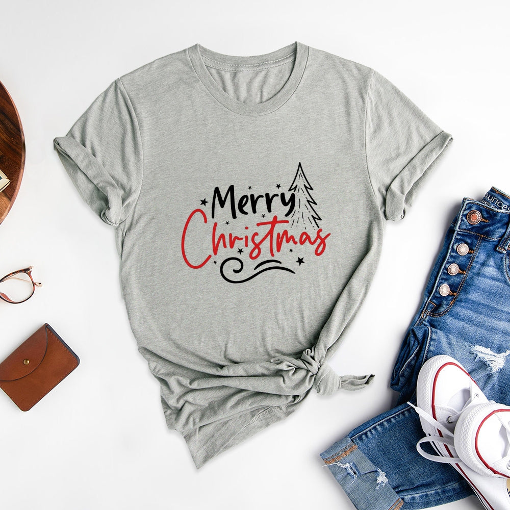 Merry Christmas Customizable Printed Round Neck T-Shirt, Show Charming Style - podsforgirl 