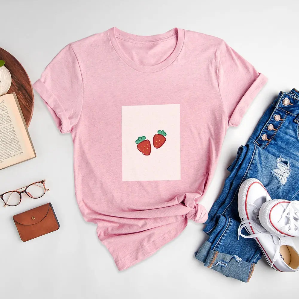 Strawberries Printed Round Neck T-Shirt - podsforgirl 