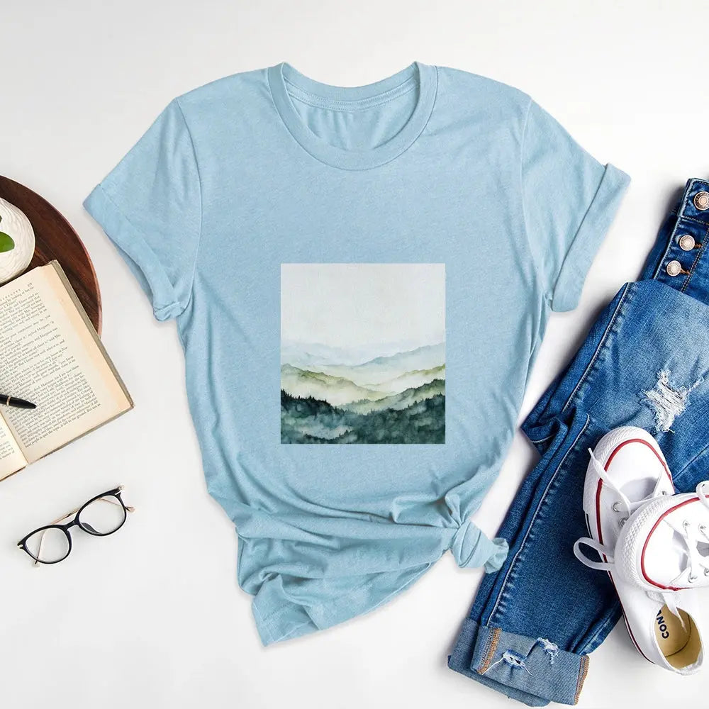 Scenery Printed Round Neck T-Shirts, Appreciate the Beauty of Nature - podsforgirl 