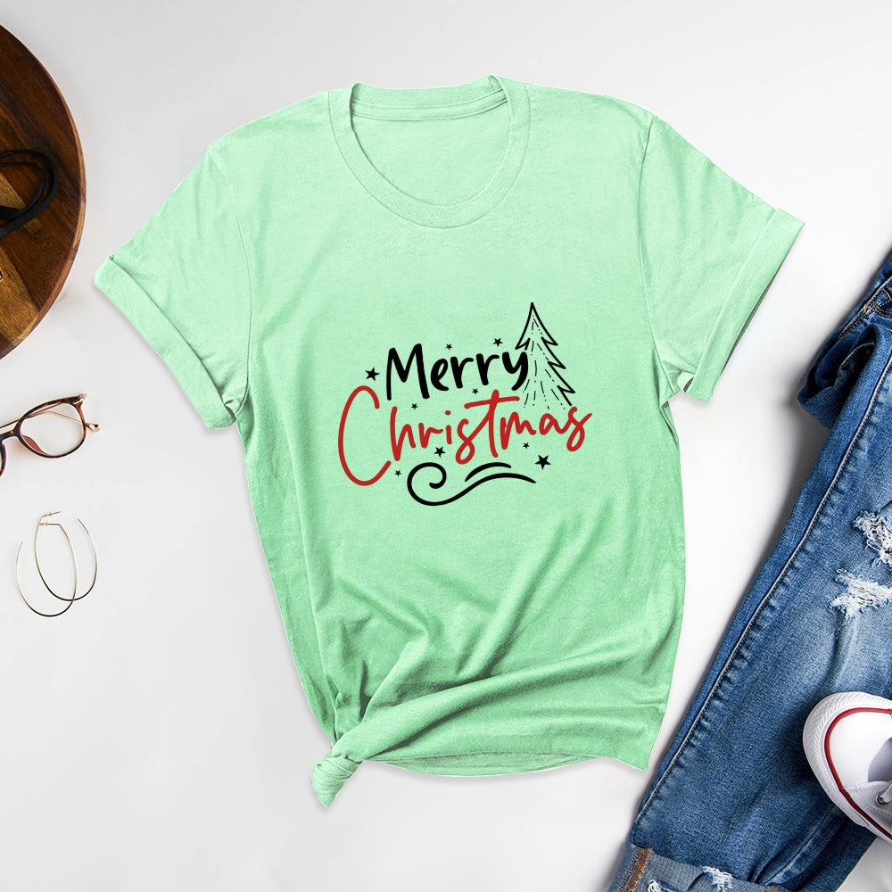 Merry Christmas Customizable Printed Round Neck T-Shirt, Show Charming Style - podsforgirl 