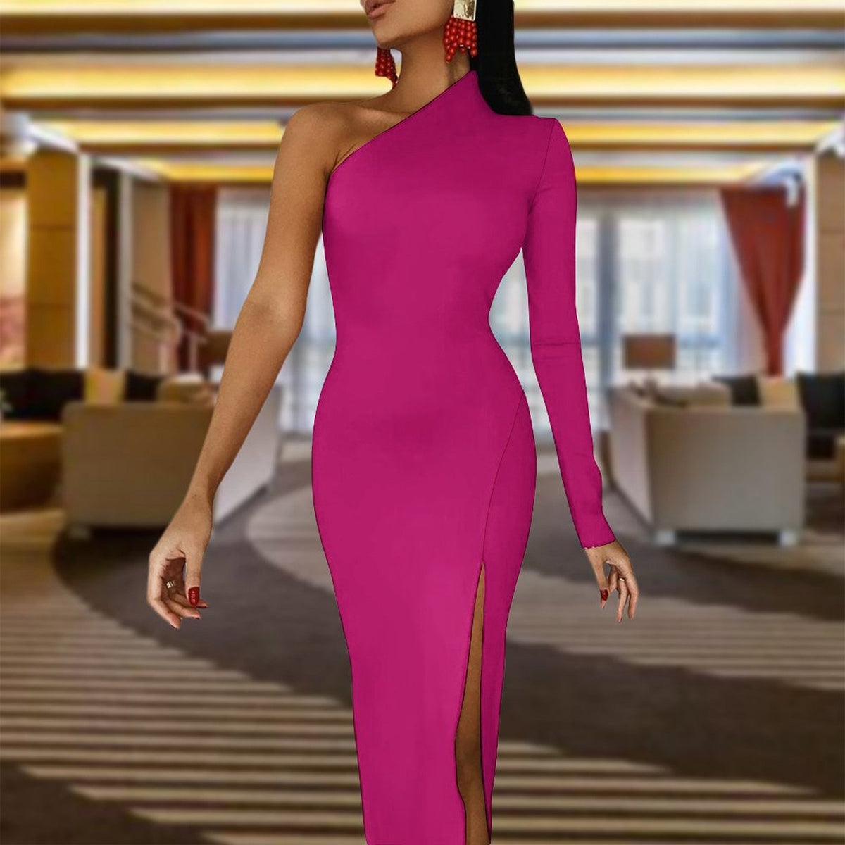 Gorgeous One-Sided Sleeve Slit Evening Dress for a Glamorous Look - podsforgirl 